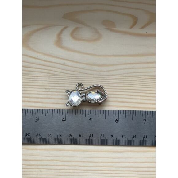 Cat-Shaped Rhinestone Brooch Pin Silver-Tone Metal Crystal Accents - Picture 4 of 4